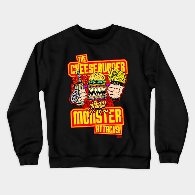 The Cheeseburger Monster Attacks! Crewneck Sweatshirt by peteoliveriart
